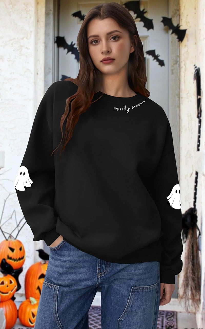 Holoholo Halloween Sweatshirts Women Spooky Season Shirt Funny Ghost Graphic Halloween Shirts Long Sleeve Pullover Tops Black - Image 2